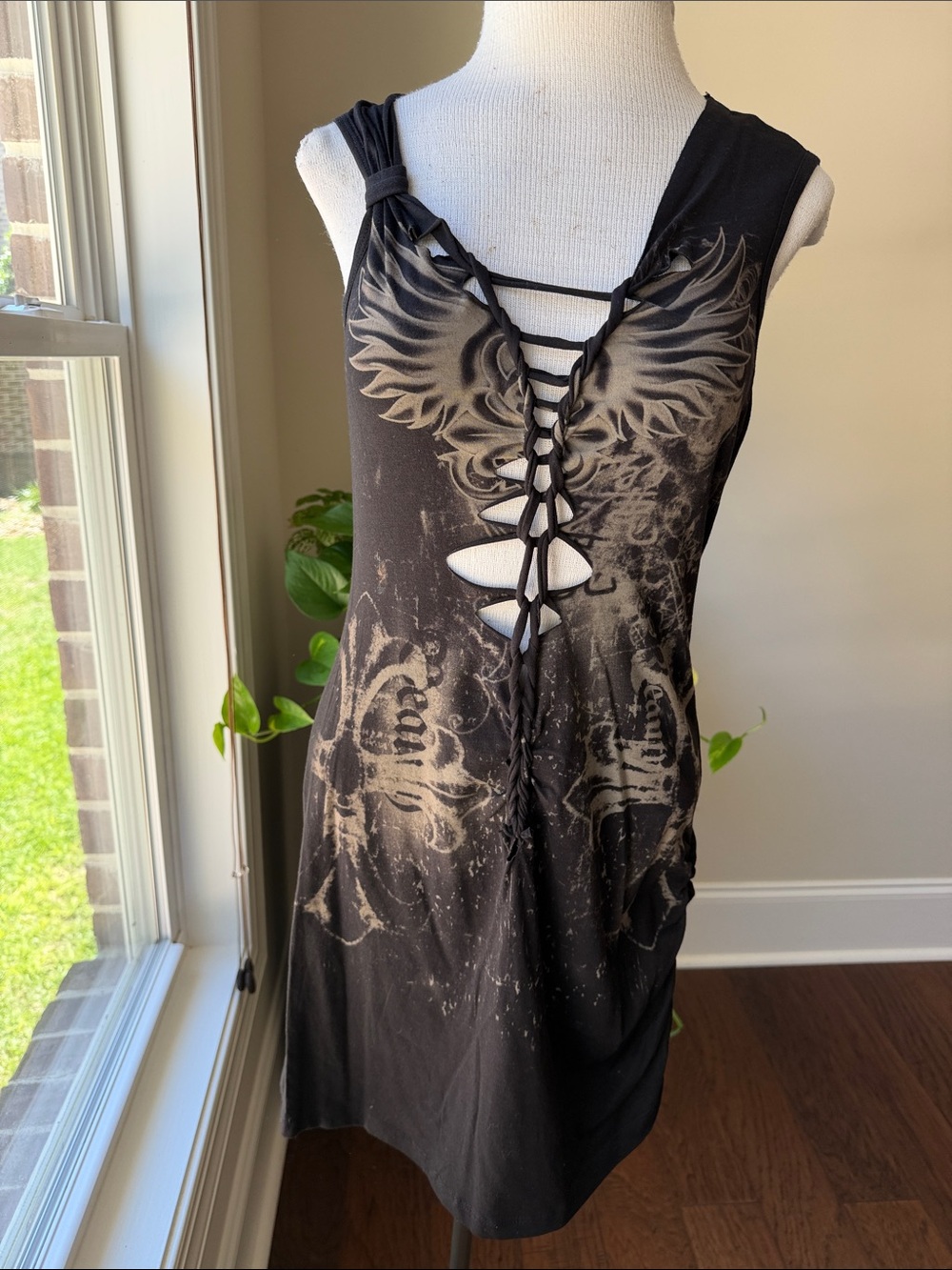 Black Graphic Lace-Up Mini Dress with Cutout Detail